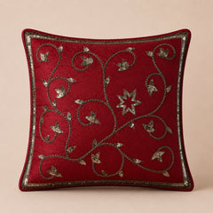 Handcrafted Cushion Cover – Bright Red | 16"x16" | Floral Vine Embroidered Decorative Cushion Cover