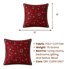 Handcrafted Cushion Cover – Bright Red | 16"x16" | Floral Vine Embroidered Decorative Cushion Cover