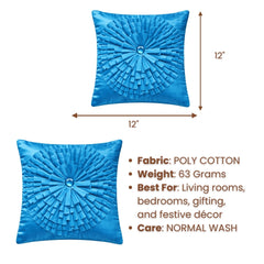 Fabric Crafted Cushion Cover – Turquoise Blue | 12"x12" | Poly Cotton | Circular Pleated Design