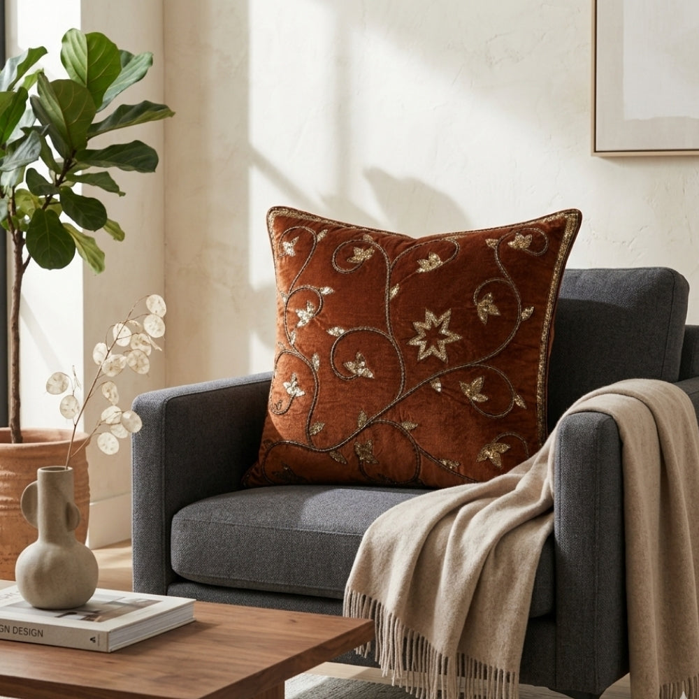 Handcrafted Cushion Cover – Orange | 16"x16" | Floral Vine Embroidered Decorative Cushion Cover