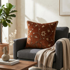 Handcrafted Cushion Cover – Orange | 16"x16" | Floral Vine Embroidered Decorative Cushion Cover