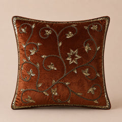 Handcrafted Cushion Cover – Orange | 16"x16" | Floral Vine Embroidered Decorative Cushion Cover
