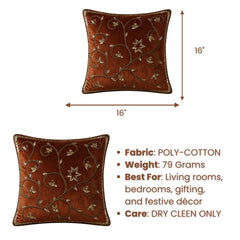 Handcrafted Cushion Cover – Orange | 16"x16" | Floral Vine Embroidered Decorative Cushion Cover
