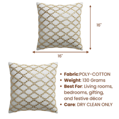 Handcrafted Cream Cushion Cover – 16"x16" | Poly Cotton | Gold Sequin Lattice Work | Premium Festive Décor