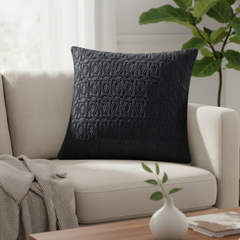 Hand Crafted Cushion Cover – Black | 16"x16" | Poly Cotton | Embroidered Geometric Design