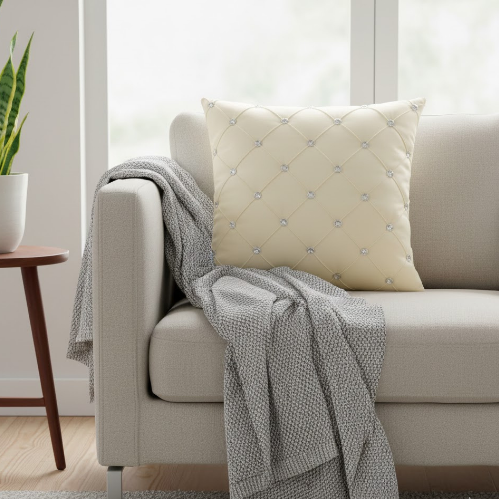 Handcrafted White Cushion Cover – 16"x16" | Premium Poly Cotton | Crystal-Studded Diamond Quilting | Elegant Luxe Home Décor