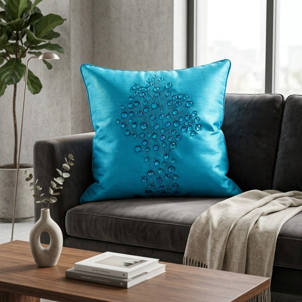 Hand Crafted Cushion Cover – Blue | 16"x16" | Poly Cotton | Embroidered Floral Design