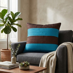 Fabric Crafted Cushion Cover – Turquoise & Brown | 16"x16" | Poly Cotton Fabric | Modern Striped Texture Design