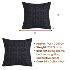 Hand Crafted Cushion Cover – Black | 16"x16" | Poly Cotton | Embroidered Geometric Design