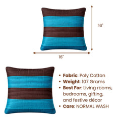 Fabric Crafted Cushion Cover – Turquoise & Brown | 16"x16" | Poly Cotton Fabric | Modern Striped Texture Design