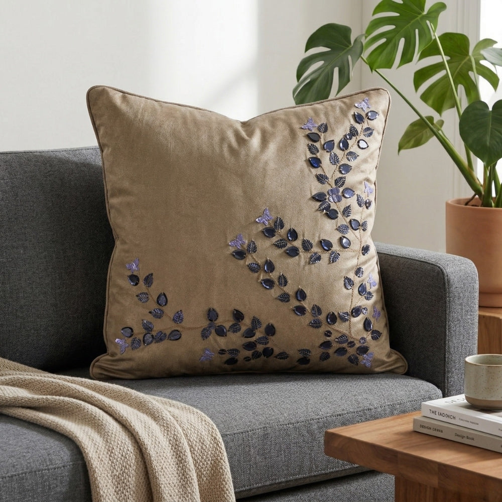 Hand Crafted Cushion Cover – Beige | 16"x16" | Poly Cotton Fabric | Elegant Embroidered Floral Design