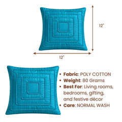 Fabric Crafted Cushion Cover – Turquoise | 12"x12" | Poly Cotton | Geometric Quilted Design
