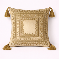 Handcrafted Golden Cushion Cover – 12"x12" | Intricate Square Embroidery | Tassel Accents | Premium Poly Cotton