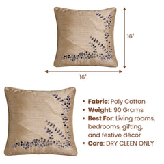 Hand Crafted Cushion Cover – Beige | 16"x16" | Poly Cotton Fabric | Elegant Embroidered Floral Design