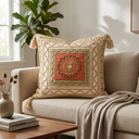 Hand Crafted Cushion Cover – Ivory | 16"x16" | Poly Cotton | Embroidered Medallion Design
