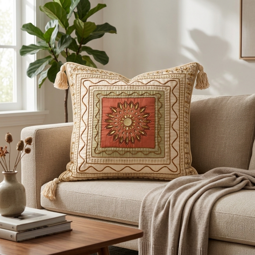 Hand Crafted Cushion Cover – Ivory | 16"x16" | Poly Cotton | Embroidered Medallion Design