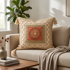 Hand Crafted Cushion Cover – Ivory | 16"x16" | Poly Cotton | Embroidered Medallion Design