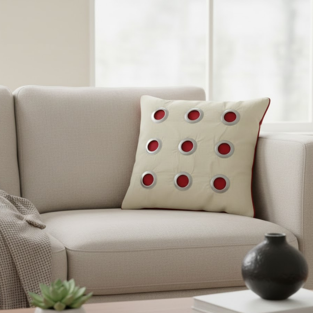 Handcrafted Maroon Accent Cushion Cover – 16"x16" | Poly Cotton | Metal Ring Detail | Premium Festive Décor