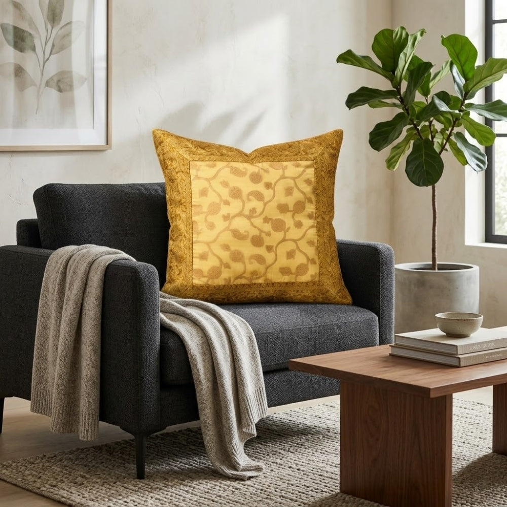 Fabric Crafted Cushion Cover – Gold | 16"x16" | Poly Cotton | Classic Border Design