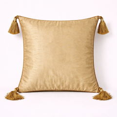 Handcrafted Golden Cushion Cover – 12"x12" | Intricate Square Embroidery | Tassel Accents | Premium Poly Cotton