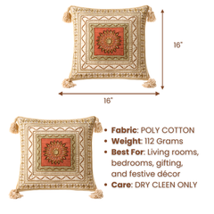 Hand Crafted Cushion Cover – Ivory | 16"x16" | Poly Cotton | Embroidered Medallion Design