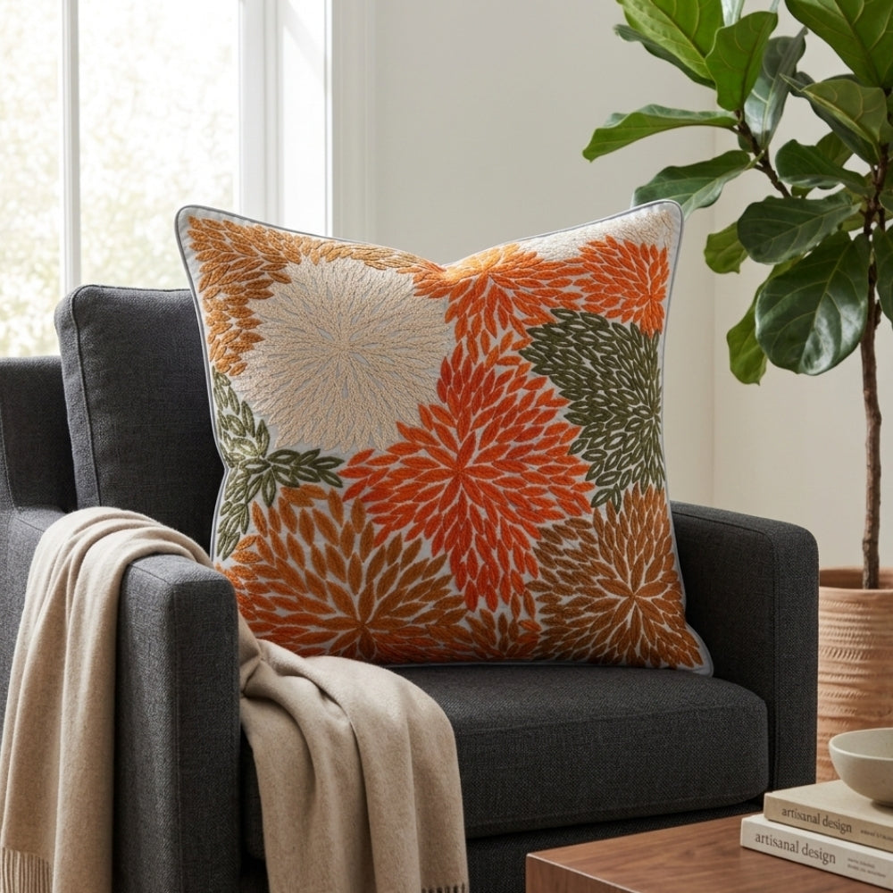 Machine Crafted Cushion Cover – Grey | 16"x16" | Floral Embroidered Decorative Cushion Cover