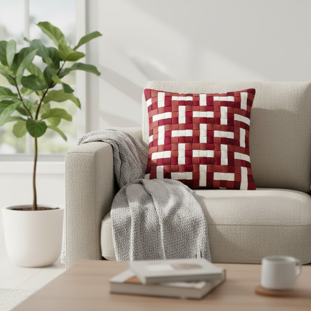 Fabric-Crafted Maroon Cushion Cover – 12"x12", Interlock Design, Premium Poly Cotton