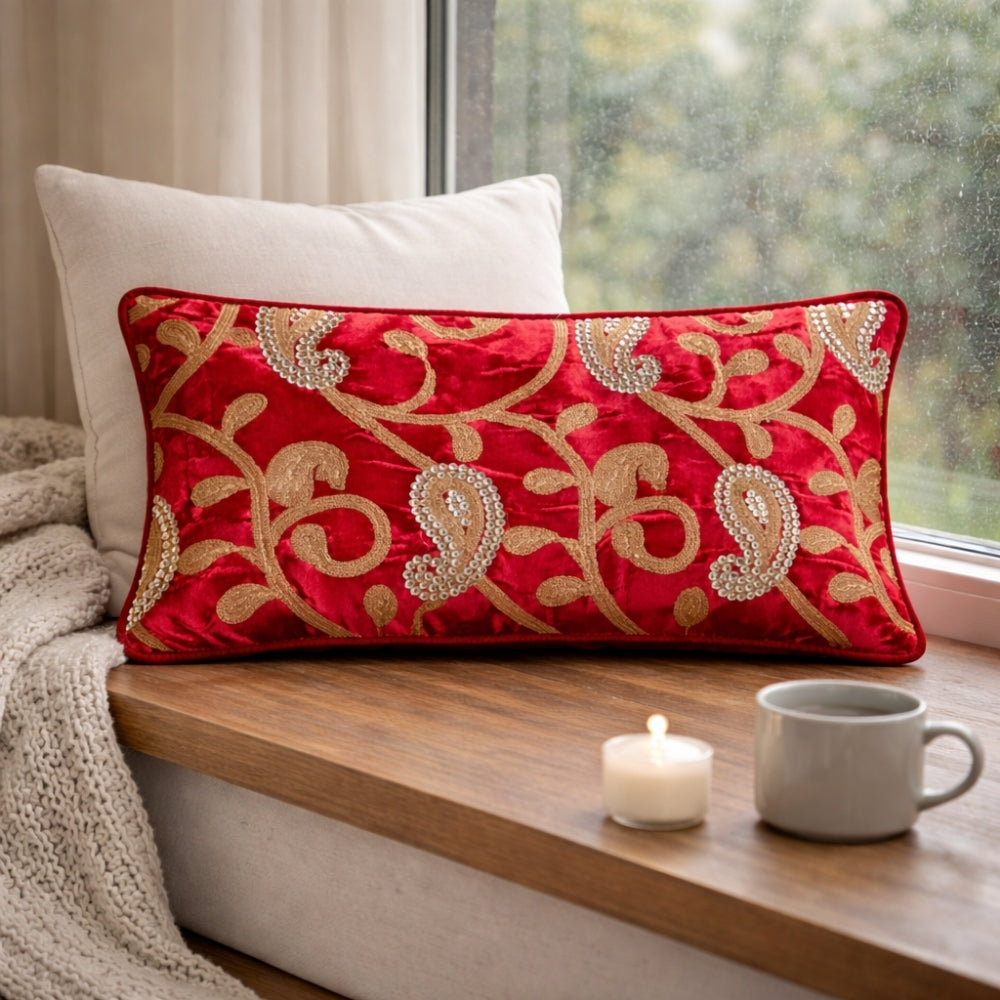 Machine Crafted Bolster Cover – Rose | 20"x8" | Poly Chenille Fabric | Embroidered Floral Design