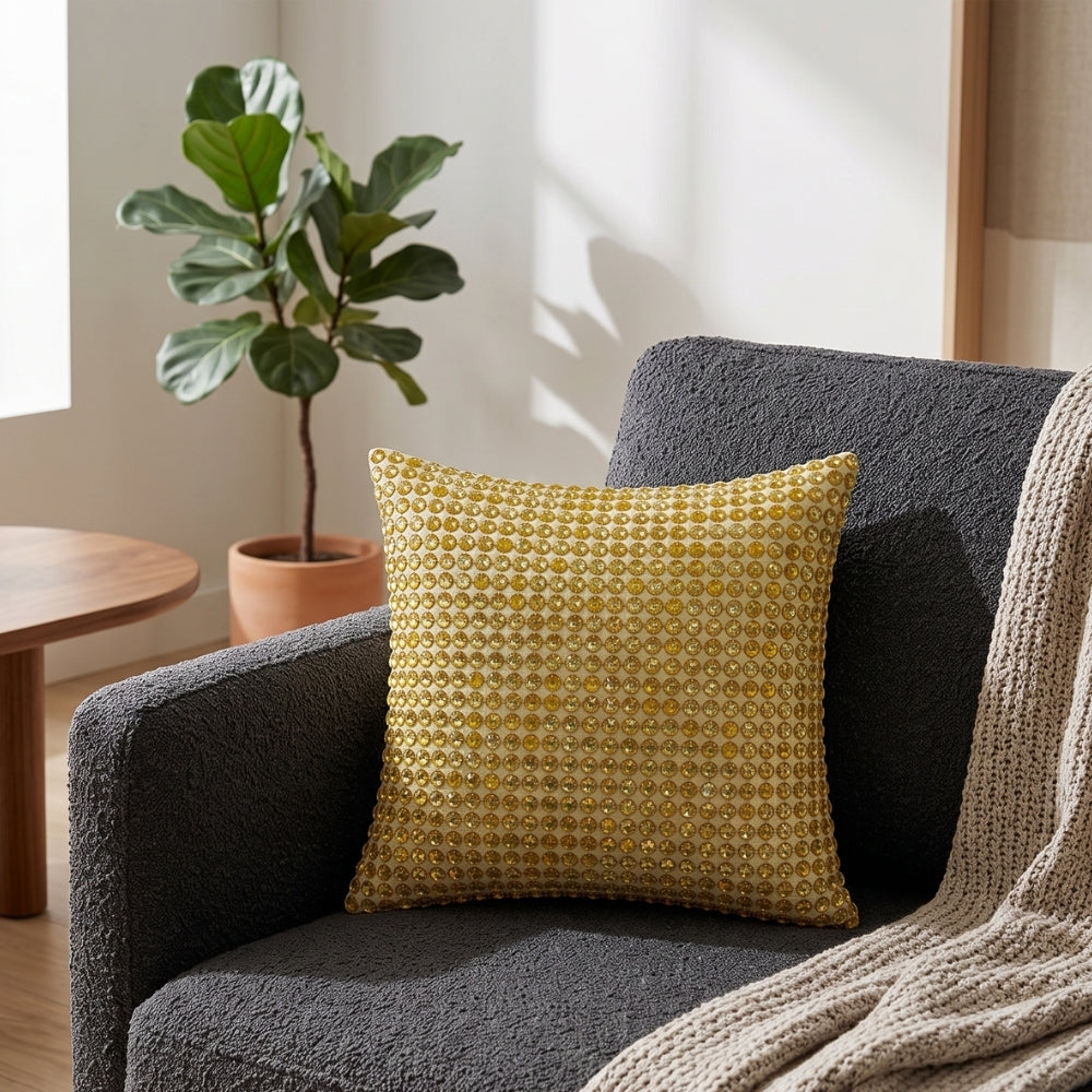 Handcrafted Green Beaded Cushion Cover – 12"x12" | Premium Poly Cotton | Elegant Handcrafted Design