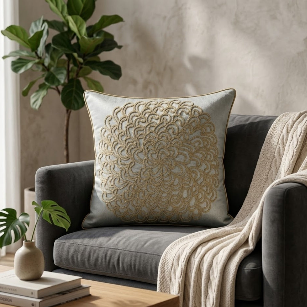 Machine Crafted Grey Cushion Cover – 16"x16" | Elegant Gold Floral Embroidery | Premium Poly-Cotton Decorative Cushion Cover
