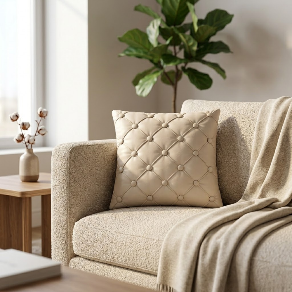 Hand Crafted Cushion Cover – Golden Cream | 12"x12" | Poly Cotton | Elegant Button Tufted Design