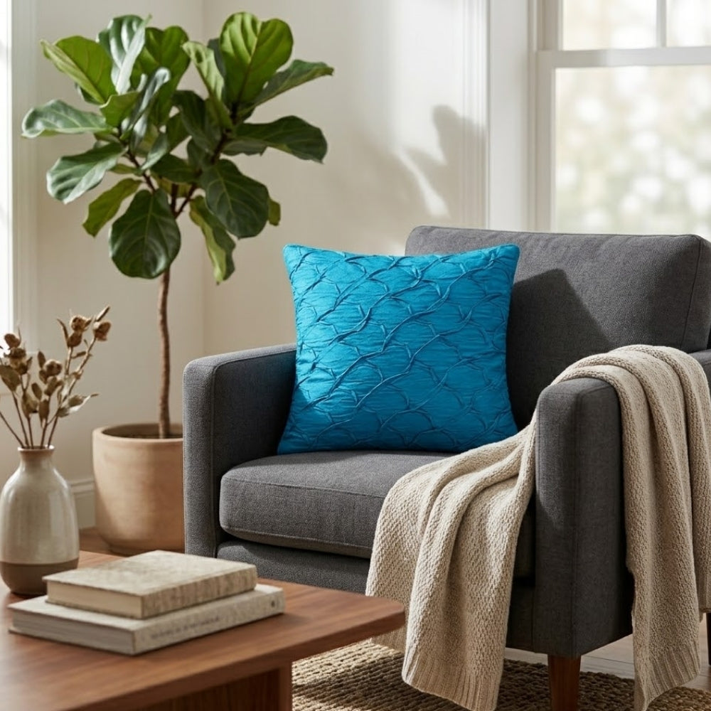 Fabric Crafted Cushion Cover – Turquoise | 12"x12" | Poly Cotton Fabric | Elegant Crinkle Texture Design