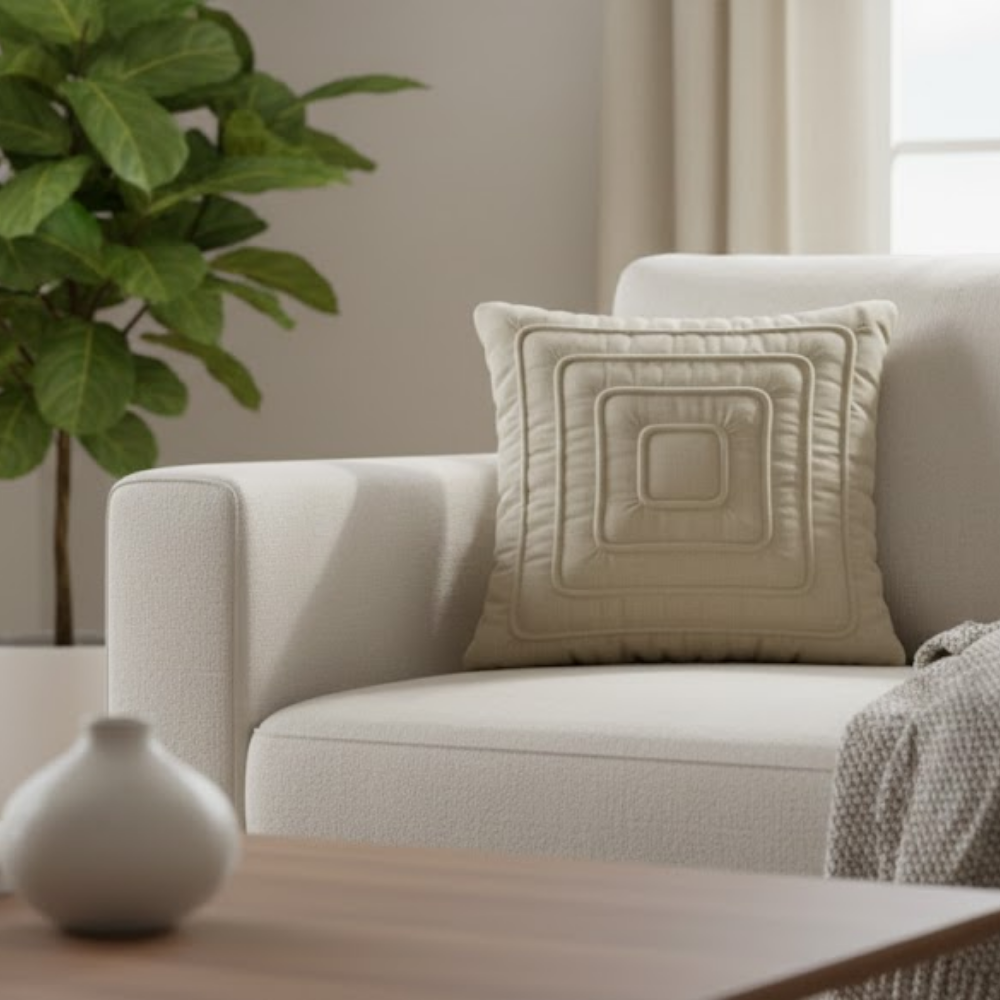 Fabric-Crafted Cream Cushion Cover – 16"x16" | Modern Layered Geometric Texture | Premium Poly Cotton |