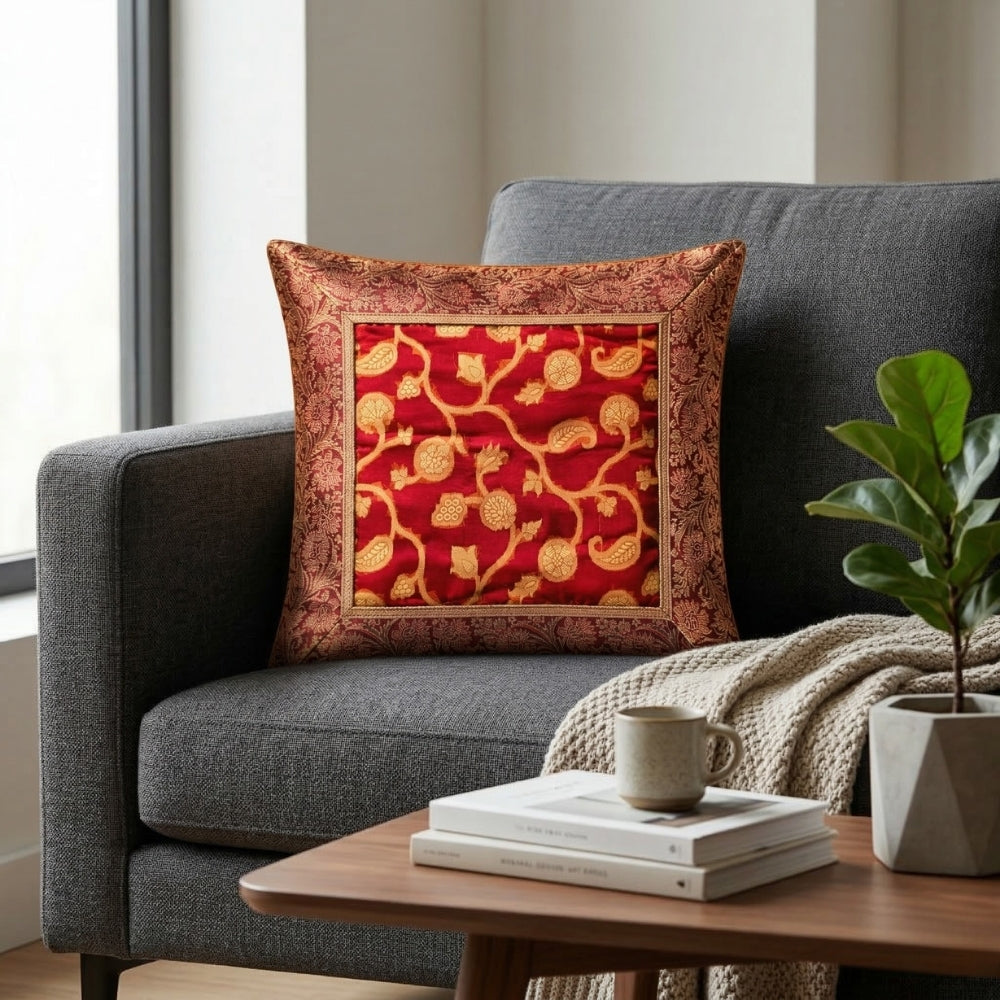 Fabric Crafted Cushion Cover – Red | 12"x12" | Poly Cotton | Traditional Border Design