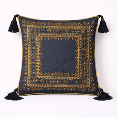 Handcrafted Black Cushion Cover – 16"x16" | Intricate Square Border Embroidery | Tassel Accents | Premium Poly Cotton