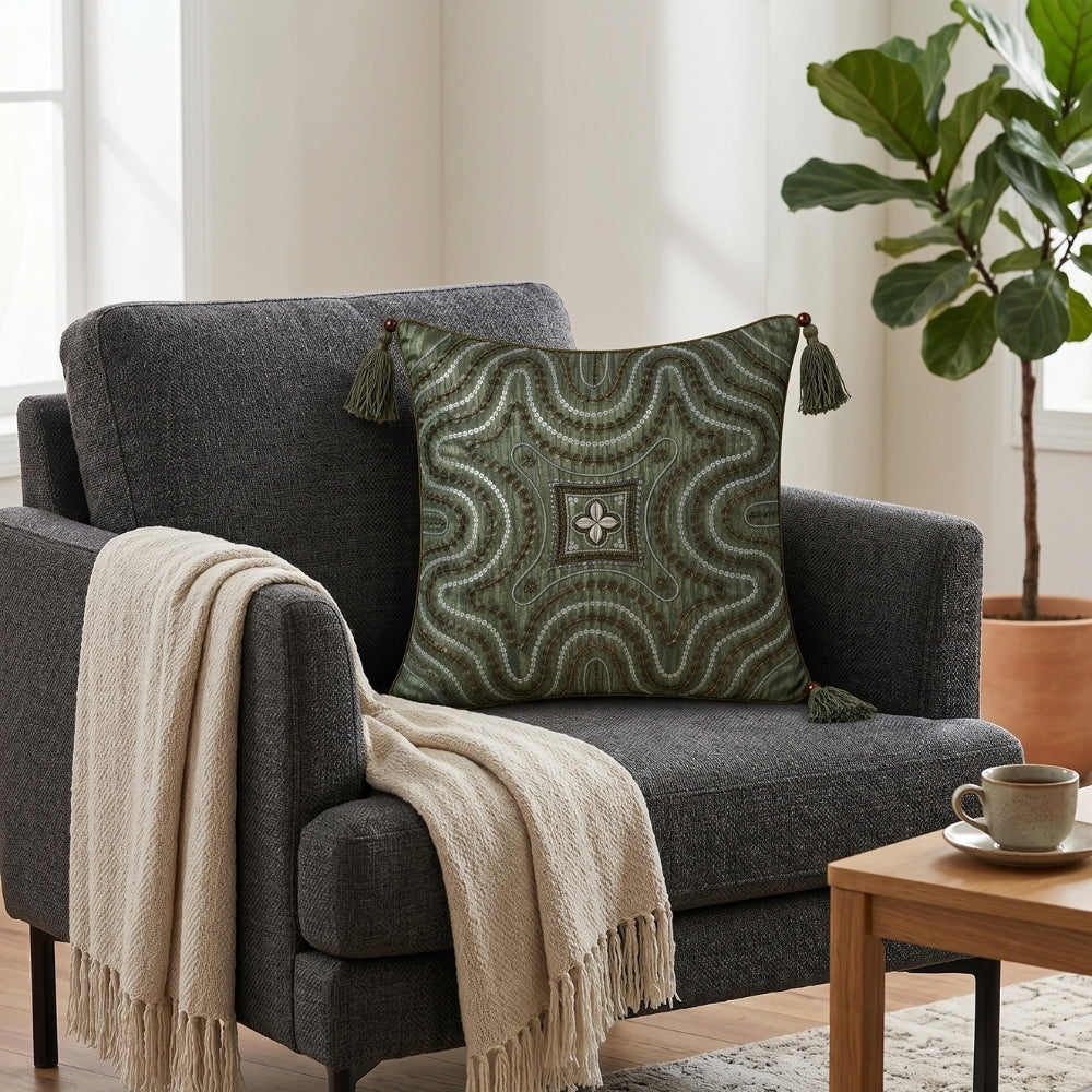 Handcrafted Cushion Cover – Green | 12"x12" | Embroidered Decorative Cushion Cover with Tassels
