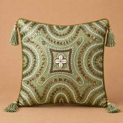 Handcrafted Cushion Cover – Green | 12"x12" | Embroidered Decorative Cushion Cover with Tassels