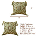 Handcrafted Cushion Cover – Green | 12"x12" | Embroidered Decorative Cushion Cover with Tassels