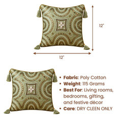 Handcrafted Cushion Cover – Green | 12"x12" | Embroidered Decorative Cushion Cover with Tassels