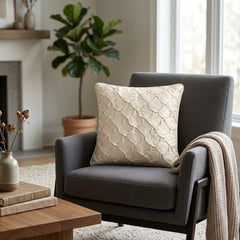 Fabric Crafted Cushion Cover – Cream | 12"x12" | Poly Cotton Fabric | Elegant Crinkle Texture Design