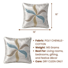 Silver Designer Cushion Cover | 16"x16" | Poly Chenille-Cotton | Embroidered Floral Cushion Cover for Sofa & Bed