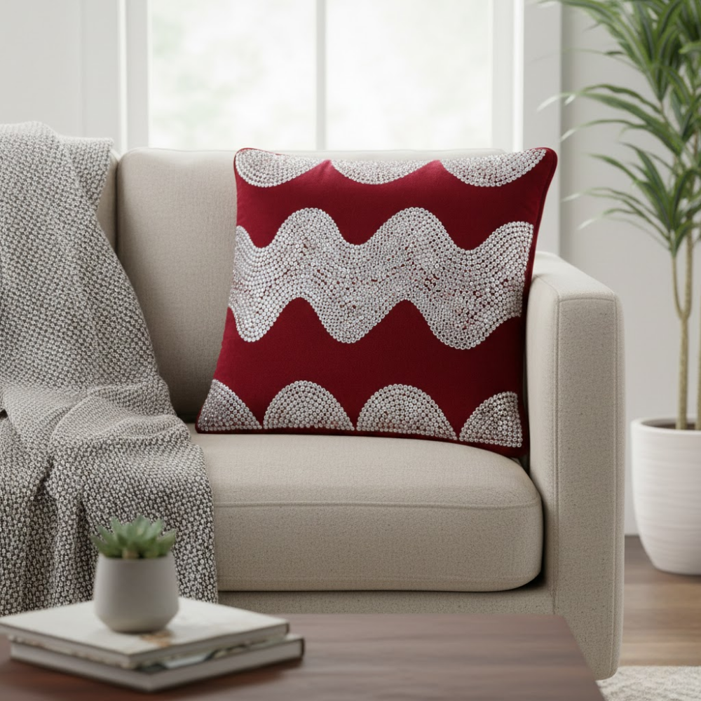 Hand-Crafted Cushion Cover – Maroon Silver | 16"x16" | Poly Chenille-Cotton | Royal Festive Statement