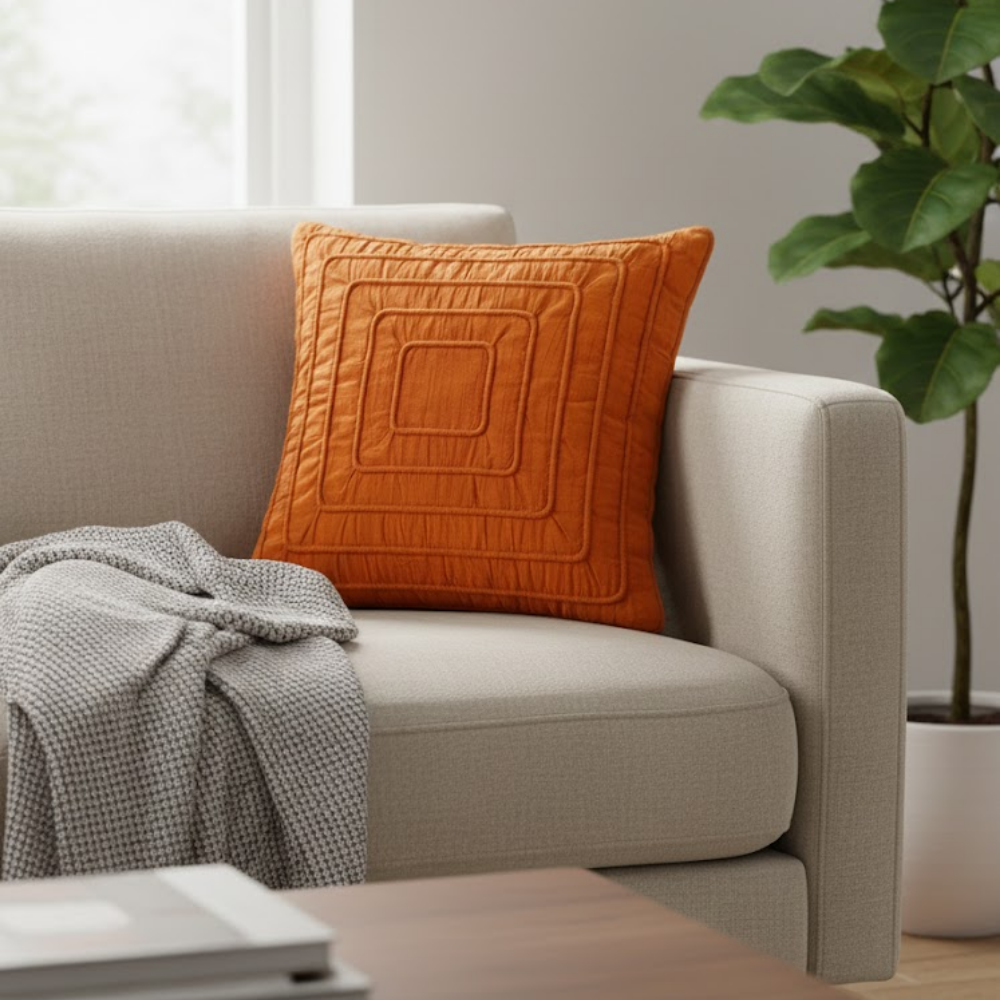 Fabric-Crafted Orange Cushion Cover – 16"x16" | Modern Layered Geometric Texture | Premium Poly Cotton |