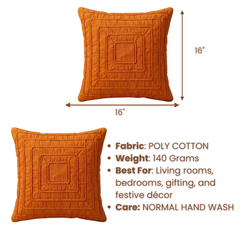 Fabric-Crafted Orange Cushion Cover – 16"x16" | Modern Layered Geometric Texture | Premium Poly Cotton |