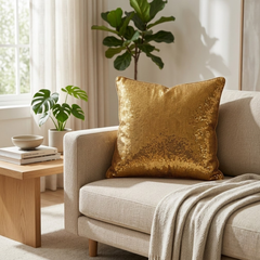 Fabric Crafted Cushion Cover – Gold | 16"x16" | Poly Cotton | Premium Shimmer Sequin Design