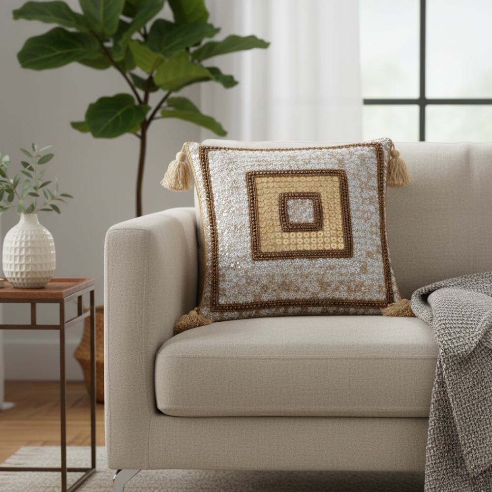 Handcrafted Silver Cushion Cover – 16"x16" | Square Embellished Design with Tassels | Premium Poly Cotton