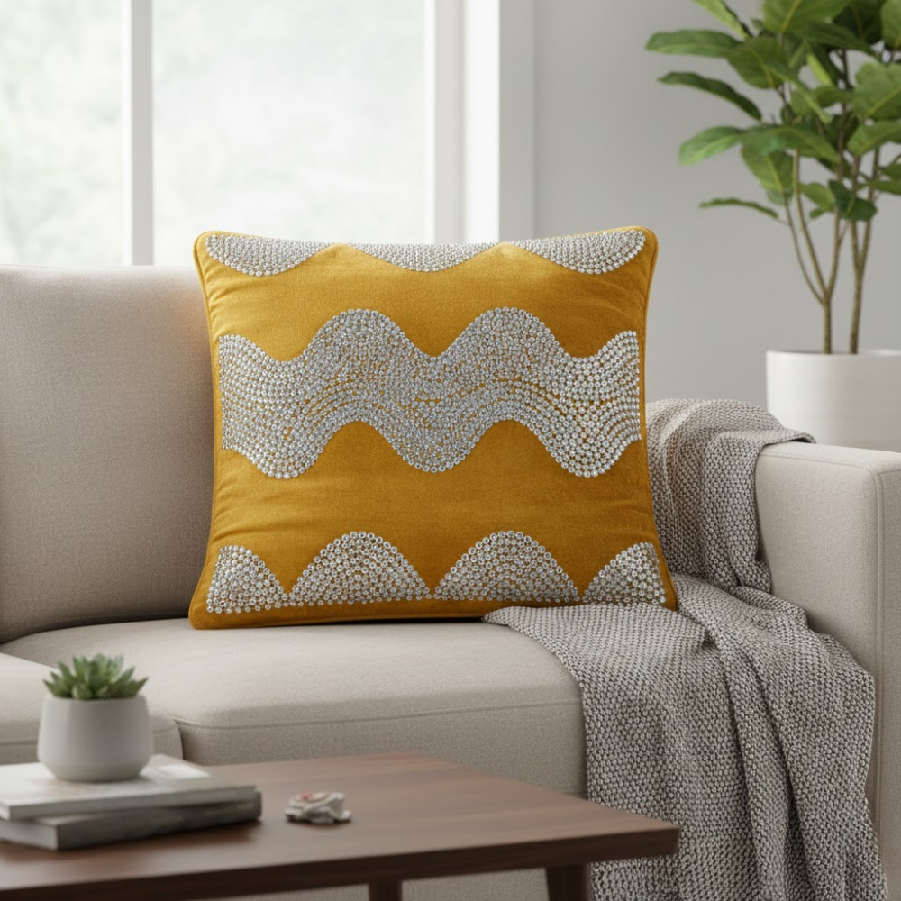 Hand-Crafted Cushion Cover – Gold Silver | 16"x16" | Poly Chenille-Cotton | Luxury Festive Accent
