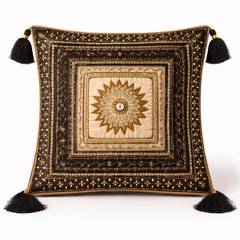 Hand Crafted Cushion Cover – Black | 16"x16" | Poly Cotton | Embroidered Medallion Design