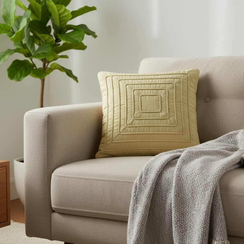 Fabric-Crafted Gold Cushion Cover – 12"x12" | Layered Geometric Textured Design | Premium Poly Cotton |