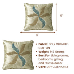 Hand Crafted Cushion Cover – Green | 16"x16" | Poly Chenille-Cotton Fabric | Elegant Embroidered Leaf Design